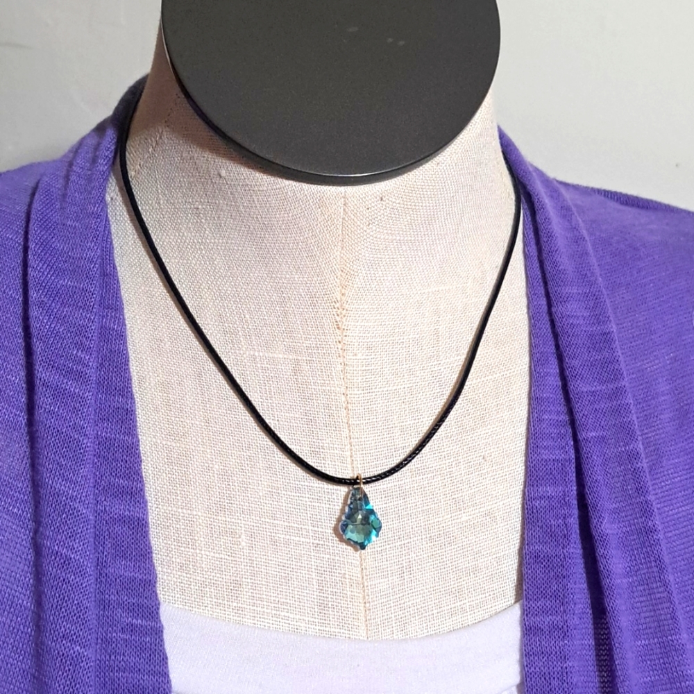 Charm Necklace Blue Crystal Pendant on Short Black Necklace
